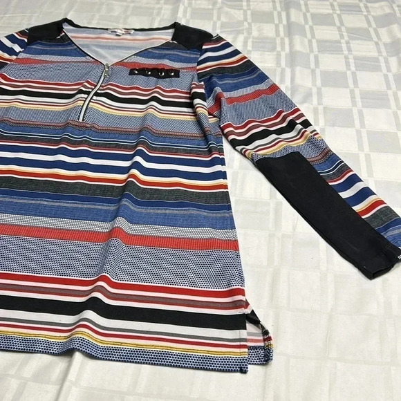 LE GRENIER striped blouse,front 3/4 zip,faux laced pocket, velvet  patches. - Picture 12 of 12